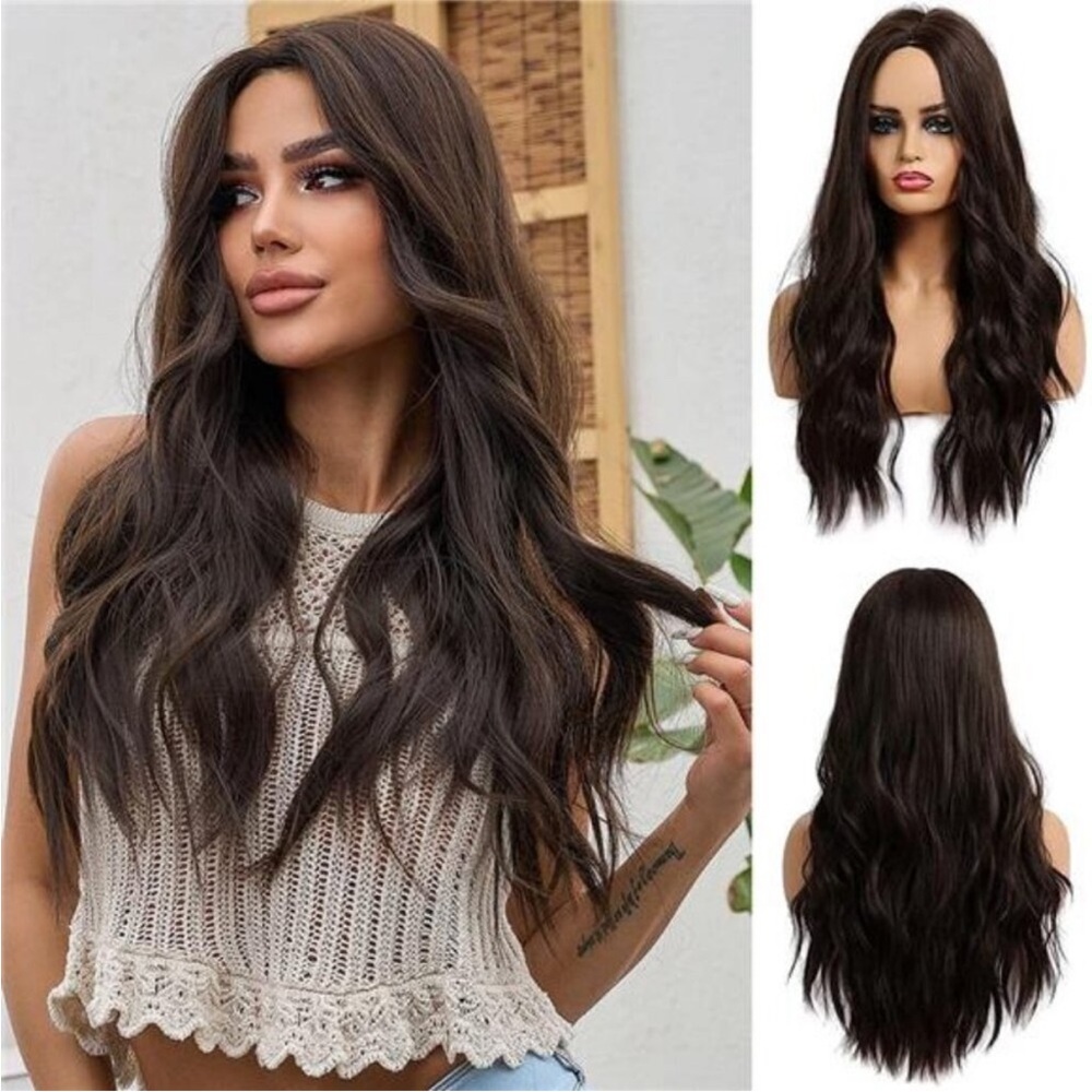 Womens Natural 24”  Hair Heat Resistant Black Brown NEW